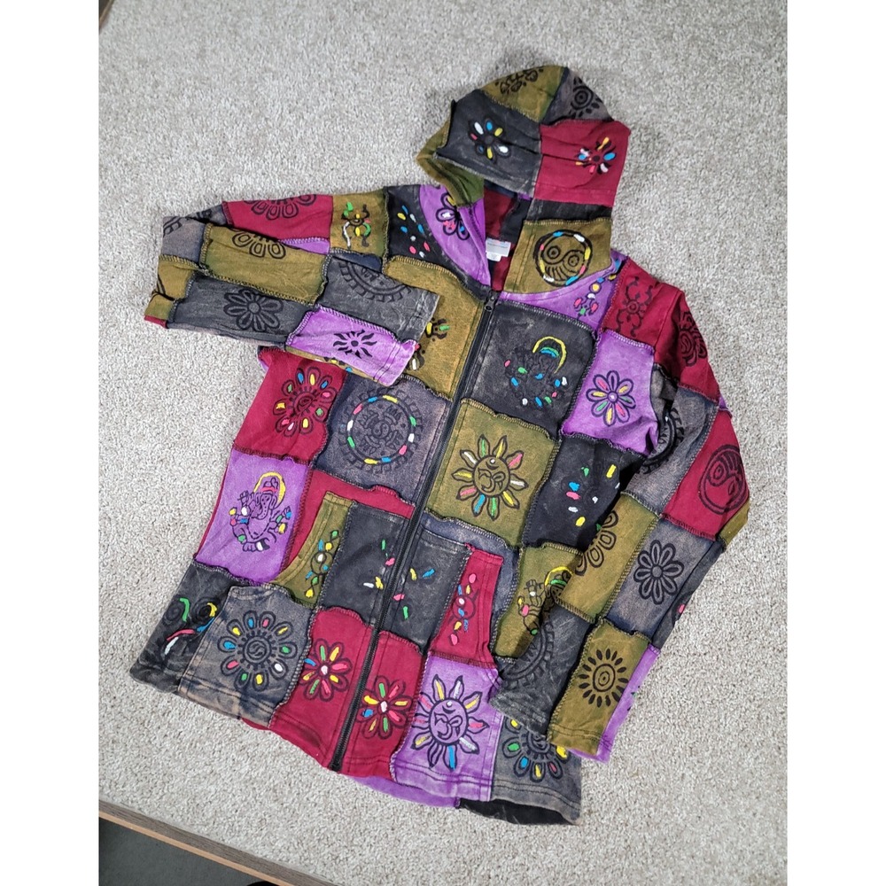 Greater Good Womens Boho Colorblock Jacket L/XL Patchwork Dopamine Artsy Hood